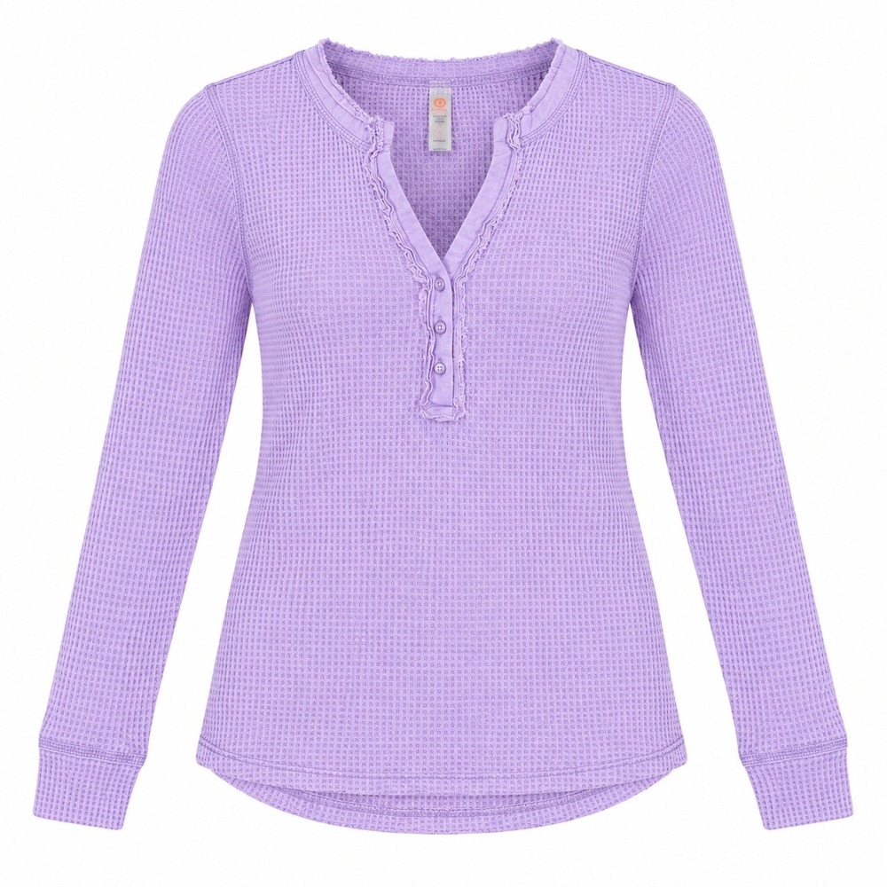 Mono B Womens Lavender Waffle Knit Ruffle Henley Long Sleeve Top Small